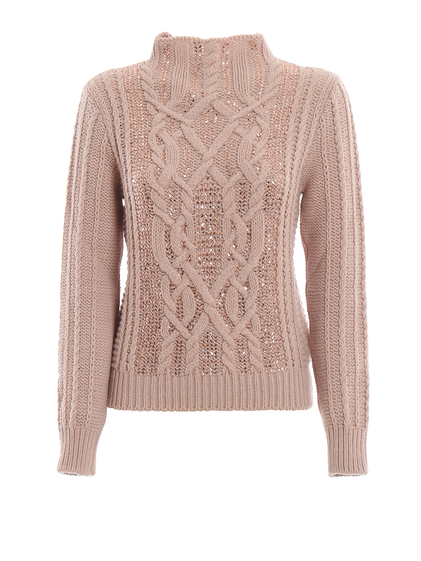 Ermanno Scervino Embellished Cable Knit Wool Turtleneck In Pink | ModeSens