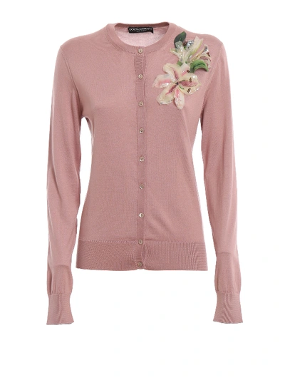Shop Dolce & Gabbana Silk Cardigan With Flower Application In Pink