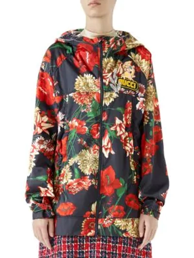 Shop Gucci Long-sleeve Floral Logo Zip-up Hooded Jacket In Blue Red