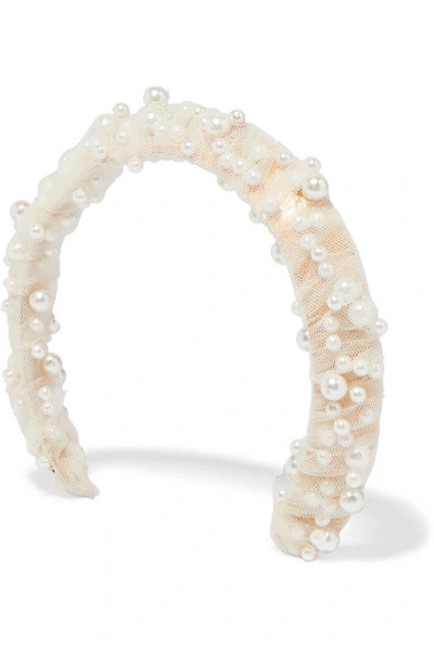 Shop Lelet Ny Bleeker Faux Pearl-embellished Gold-tone, Satin And Tulle Headband