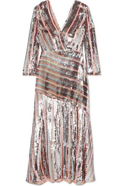 Shop Rixo London Tyra Striped Sequined Crepe Midi Dress In Light Blue