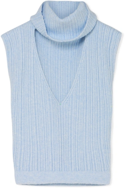 Shop Jacquemus Cutout Ribbed Wool-blend Top In Sky Blue