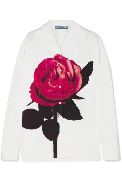 Shop Prada Oversized Floral-print Cotton-poplin Shirt In White