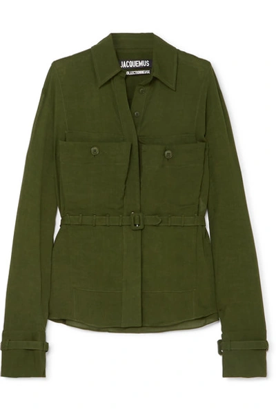 Shop Jacquemus Enna Belted Twill Shirt In Army Green