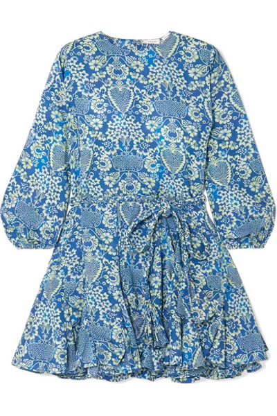 Shop Rhode Ella Pleated Floral-print Cotton-poplin Mini Dress In Blue