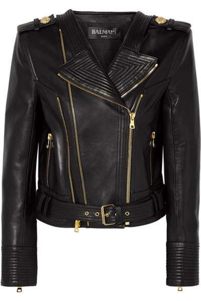 Shop Balmain Leather Biker Jacket In Black