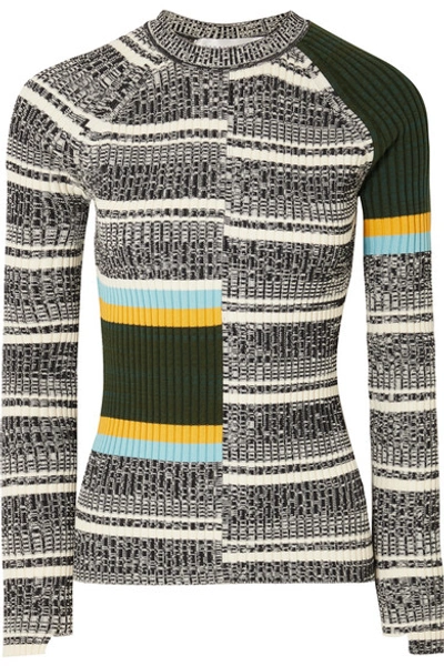 Shop Victoria Beckham Striped Ribbed Cotton-blend Sweater In Black