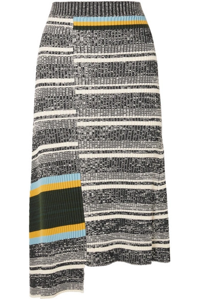 Shop Victoria Beckham Asymmetric Striped Ribbed Cotton-blend Midi Skirt In Black