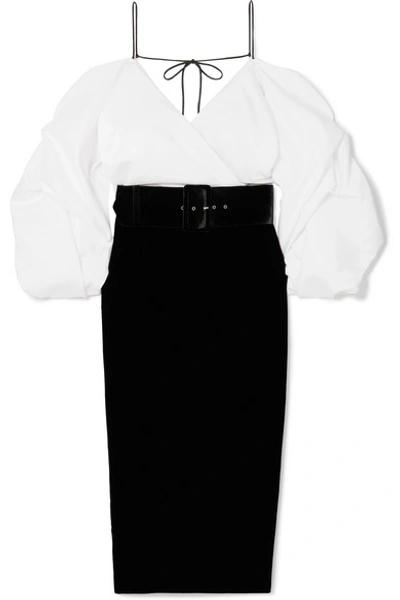 Shop Rasario Off-the-shoulder Belted Velvet And Shantung Midi Dress In Black
