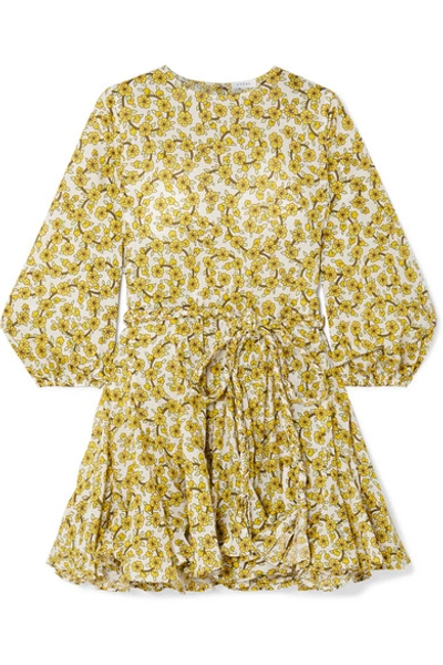 Shop Rhode Ella Pleated Floral-print Cotton-poplin Mini Dress In Yellow