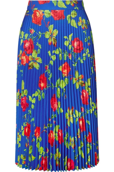 Shop Vetements Floral-print Plissé-crepe Midi Skirt In Blue