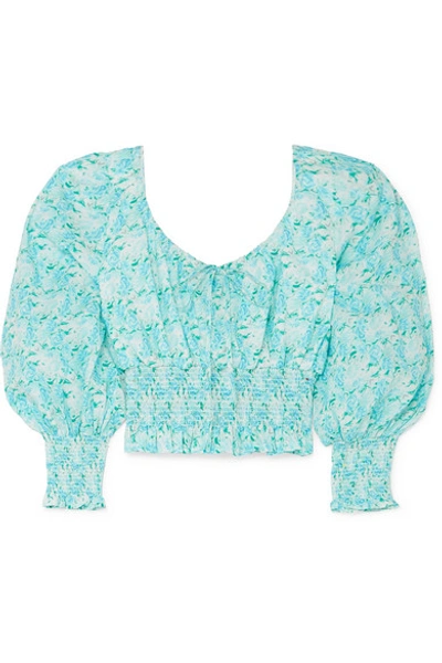 Shop Rixo London Helena Cropped Shirred Floral-print Cotton Top In Turquoise