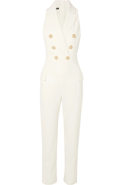 Shop Balmain Button-embellished Wool-blend Jumpsuit In White