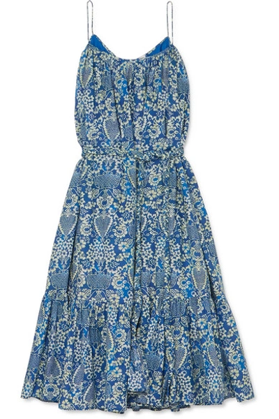 Shop Rhode Lea Tiered Floral-print Cotton-poplin Mini Dress In Blue