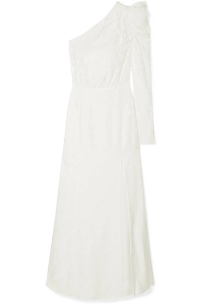 Shop Les Rêveries One-shoulder Ruched Silk-jacquard Gown In Ivory