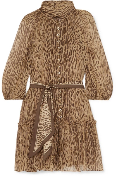 Shop Zimmermann Espionage Pussy-bow Leopard-print Silk-georgette Mini Dress In Brown