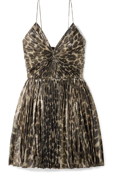 Shop Saint Laurent Pleated Leopard-print Silk-blend Lamé Mini Dress In Leopard Print