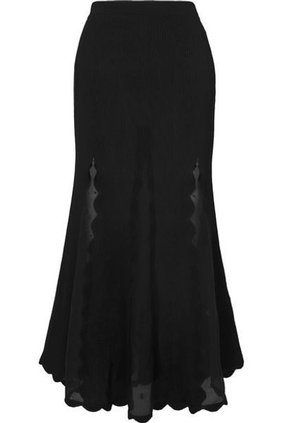 Shop Alexander Mcqueen Ribbed-knit And Embroidered Silk-chiffon Midi Skirt In Black