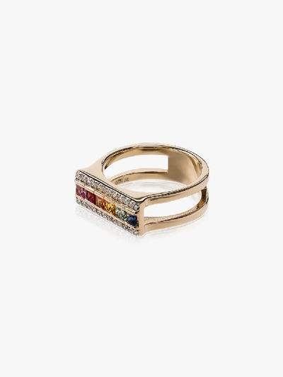 Shop Mateo 14k Yellow Gold Rainbow Sapphire Bar Ring In Multicoloured