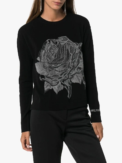Shop Valentino Chained Rose Intarsia Sweater In Black