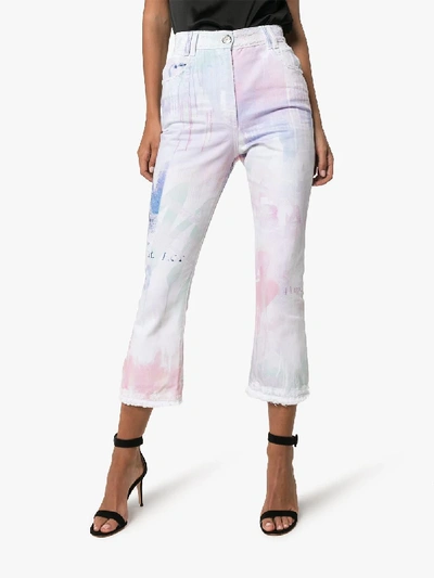 Shop Balmain Spray Paint Cropped Jeans In Pink