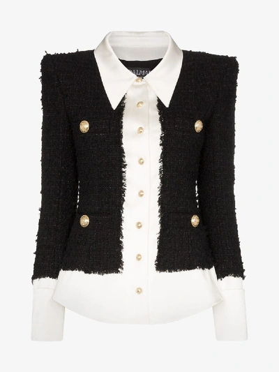 Shop Balmain Tweed And Satin Buttoned Jacket In Black