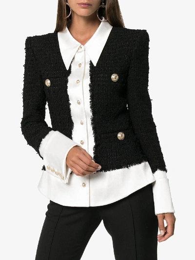 Shop Balmain Tweed And Satin Buttoned Jacket In Black