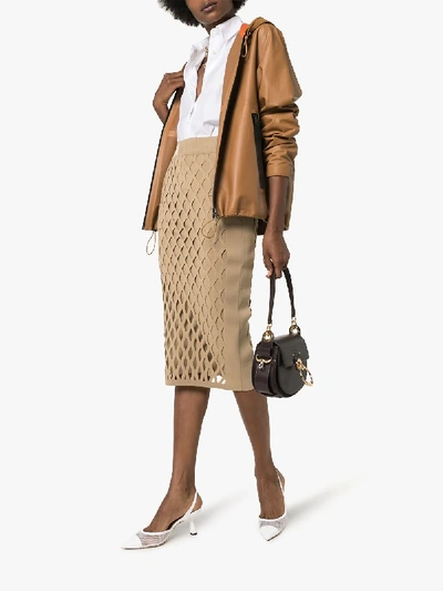 Shop Fendi Fishnet Knit Pencil Skirt In Brown