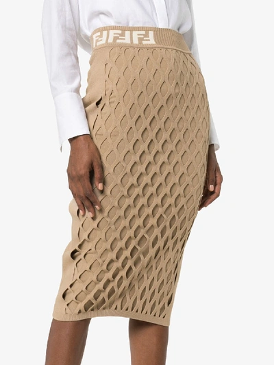 Shop Fendi Fishnet Knit Pencil Skirt In Brown