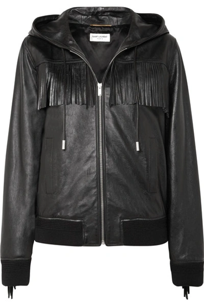 Shop Saint Laurent Hooded Fringed Wool-trimmed Leather Jacket In Black