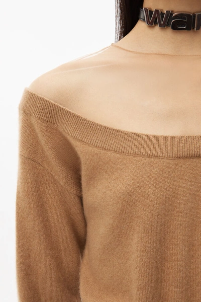 Shop Alexander Wang Cropped Sheer Yoke Pullover In Camel