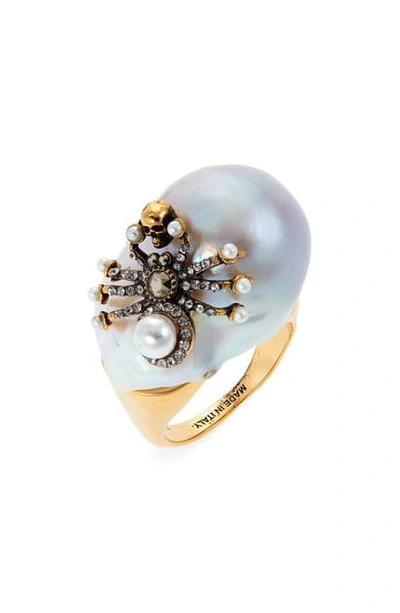 Shop Alexander Mcqueen Spider Imitation Pearl Ring In Gold/ Pearl