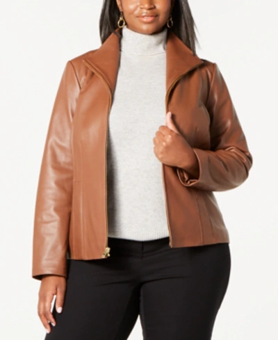 Shop Cole Haan Plus Size Leather Jacket In Hickory
