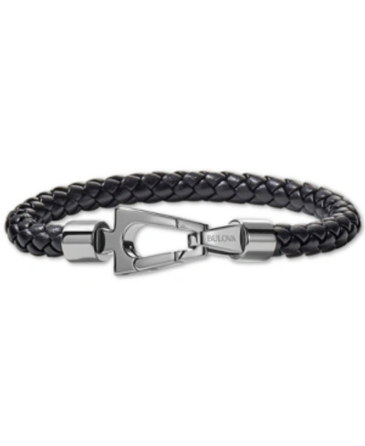 Shop Bulova Men's Black Braided Leather Bracelet In Stainless Steel Women's Shoes