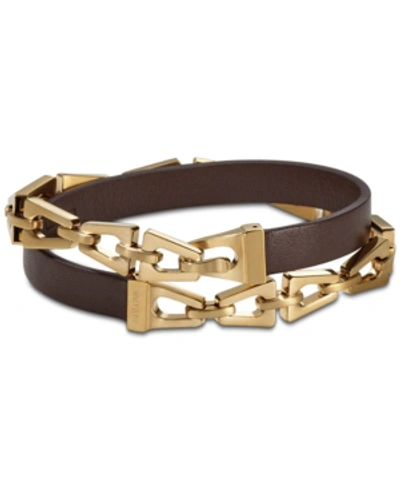 Shop Bulova Men's Brown Leather And Tuning-fork Link Wrap Bracelet In Gold-tone Stainless Steel