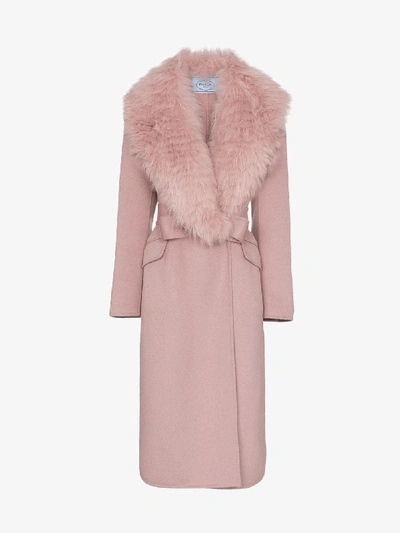 Shop Prada Belted Cashgora Coat In Pink