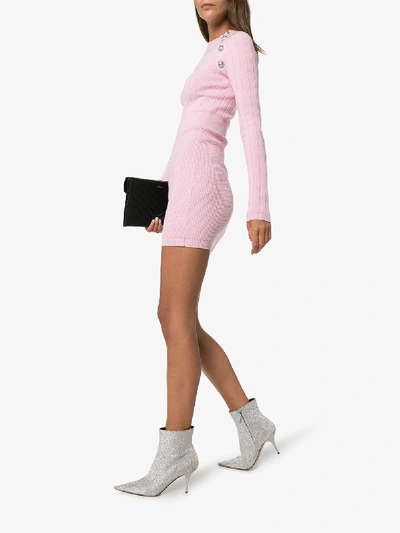 Shop Balmain Button-embellished Knit Mini Dress In Pink