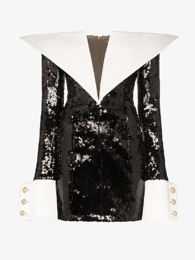 Shop Balmain Off-the-shoulder Satin Lapel Sequin Dress In Black