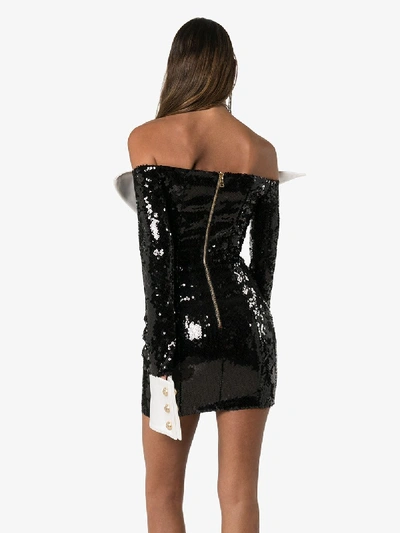 Shop Balmain Off-the-shoulder Satin Lapel Sequin Dress In Black