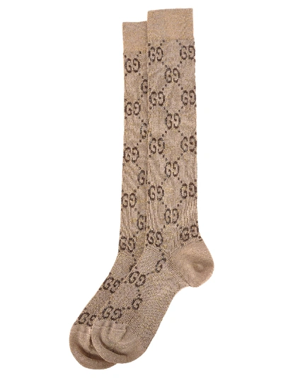 Shop Gucci Lurex Interlocking G Socks In Beige