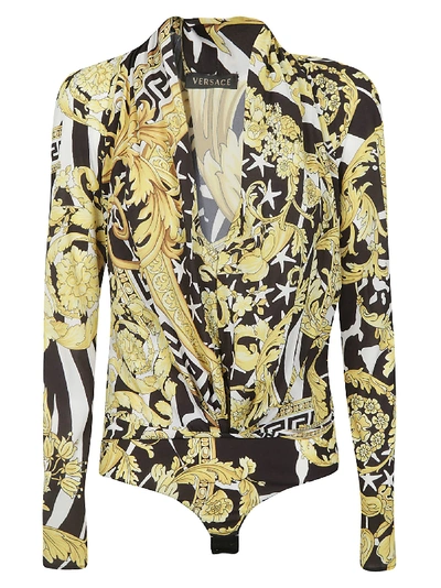 Shop Versace Printed Bodysuit In Fdo Nero Stampa Oro