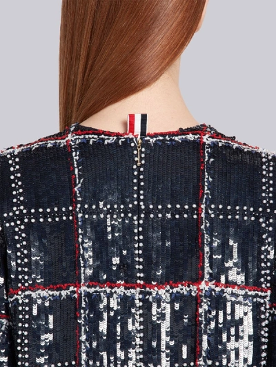 Shop Thom Browne Silk Embroidered Mini Shift Dress In Blue