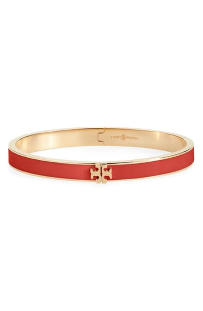 Shop Tory Burch Kira Logo Enamel Hinge Bracelet In Tory Gold / Poppy Red