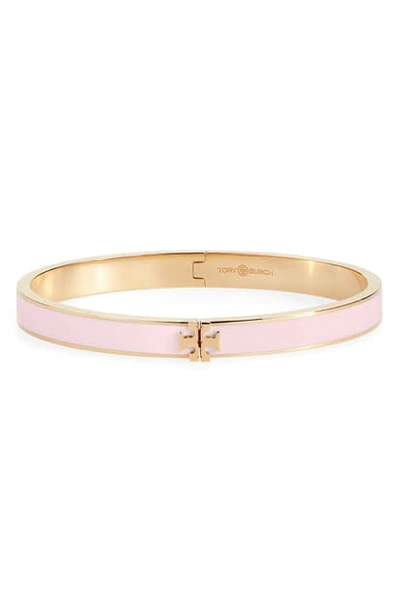 Shop Tory Burch Kira Logo Enamel Hinge Bracelet In Tory Gold / Mineral Pink