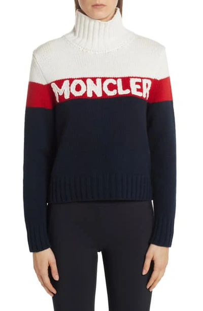 Shop Moncler Stripe Logo Turtleneck Sweater In Navy