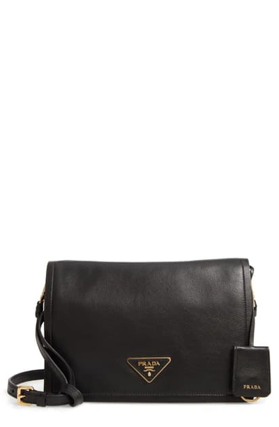 Shop Prada Medium Glace Calfskin Leather Crossbody Bag - Black In Nero