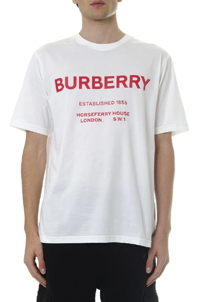 Shop Burberry White Cotton T Shirt With Red Logo Print