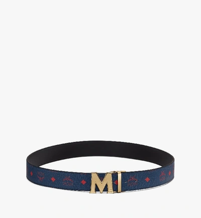 Shop Mcm Claus Flat M Reversible Belt 1.75" In Visetos In Deep Blue Sea