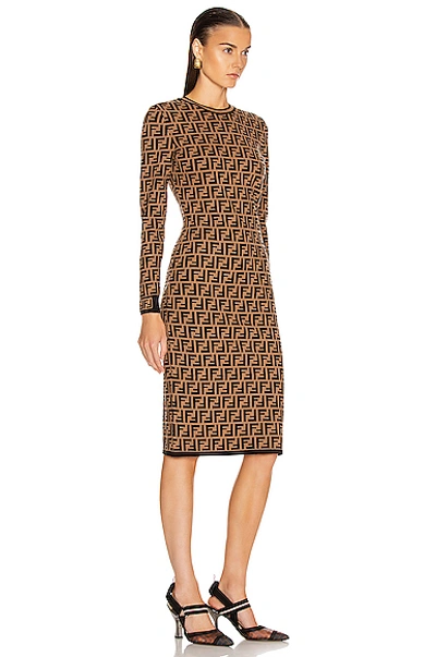 Shop Fendi Longsleeve Ff Midi Dress In Brown In Tobacco
