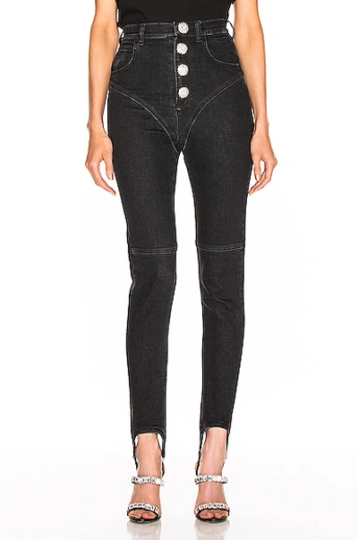 Shop Alessandra Rich High Waisted Crystal Button Stirrup Jean In Black